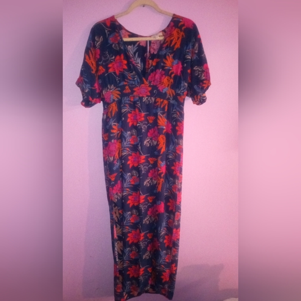 Umgee Navy Blue Floral Maxi Dress Bohemian Colorful Lined Side Slits Sz Sm